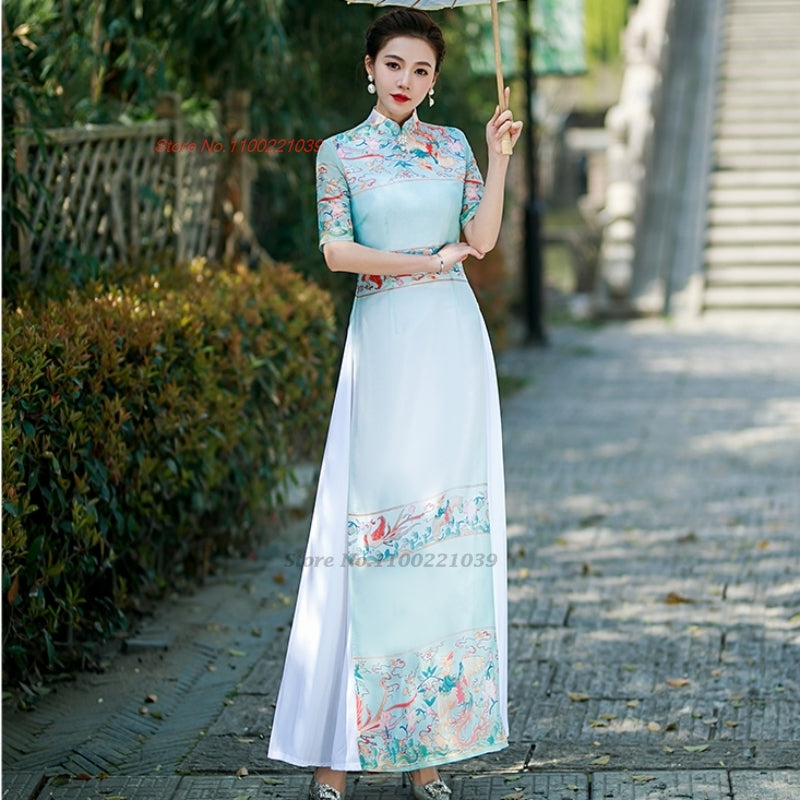 2024 vietnam traditional ao dai  dress national flower print cheongsam oriental image 2