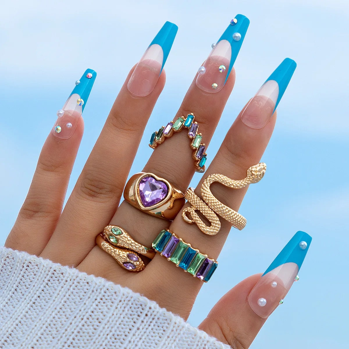 Colorful Crystal Snake Shape Ring Set For Women Fashion Butterfly Heart Gold Co image 4