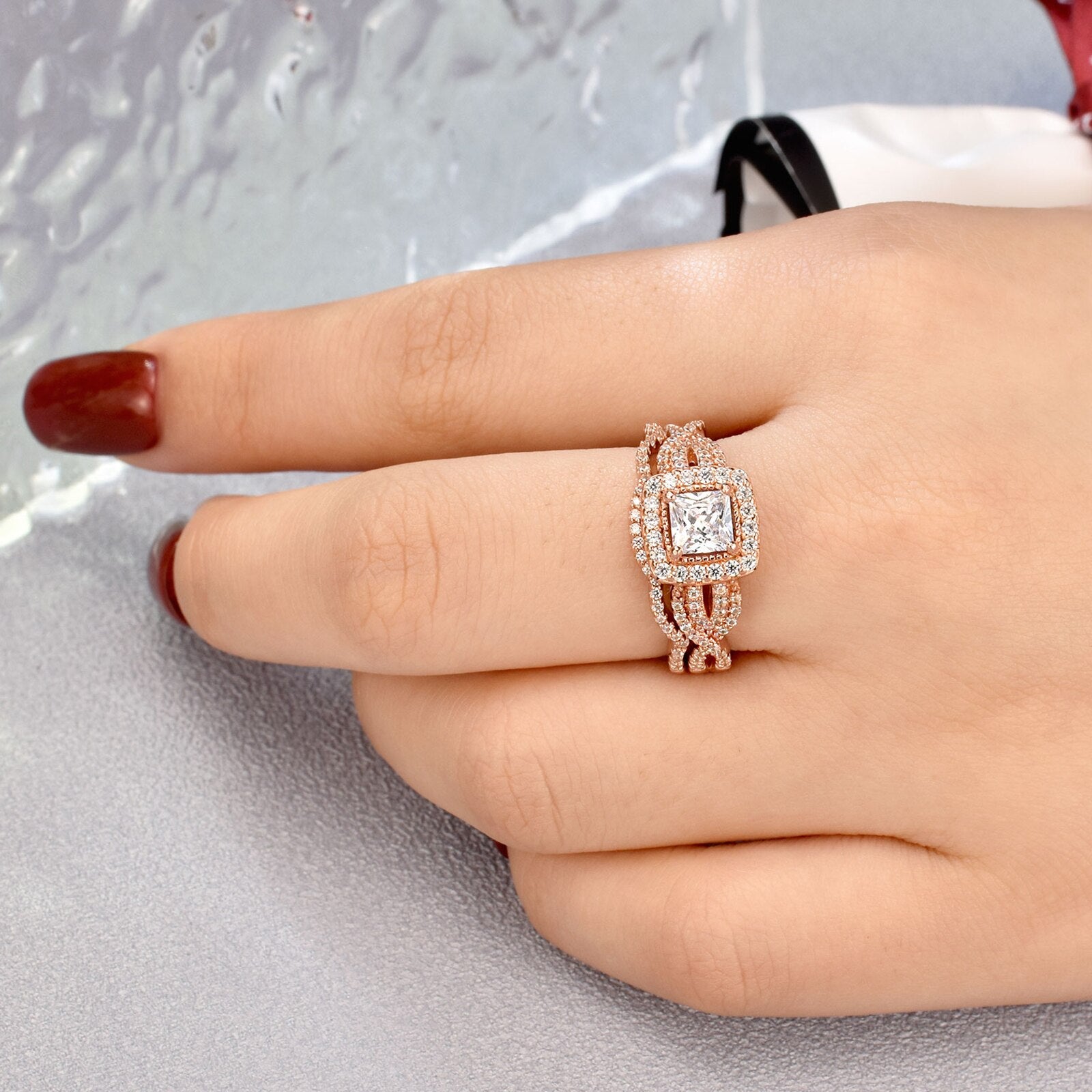 Wuziwen Yellow and Rose Gold 925 Sterling Silver Engagement Ring Set image 2