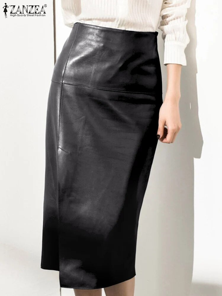 ZANZEA 2023 Women PU Leather Skirt Fashion High Waist Long Jupes Autumn Vintage image 3