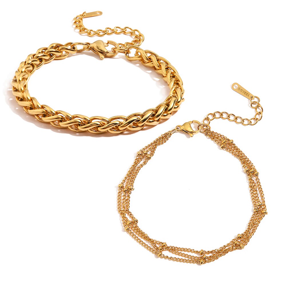 Simple 18K Gold Plated Stainless Steel Braided Chain Bracelet Set for Women Wat image 2