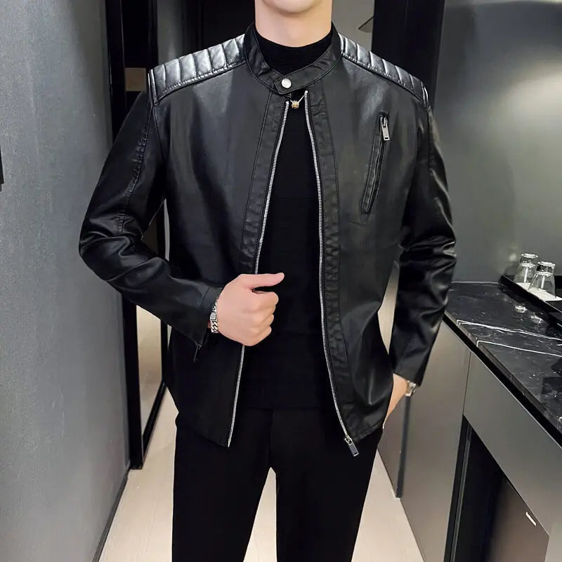 Spring and Autumn Men's Motorcycle Leather Jacket Casual Stand Collar Solid Col image 1