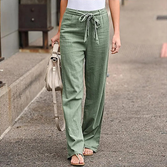 Women Cotton Linen Pants 2023 Summer Fashion Elastic Waist Loose Straight Pants image 0
