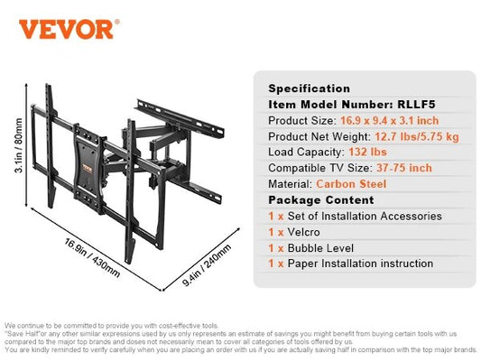 VEVOR Full Motion TV Mount Fit for Most 26-90in TVs Swivel Tilt Horizontal Adju image 0