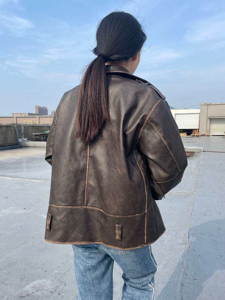 RR2478 Streetwear Worn Effect Bike Leather Jackets For Women Oversized Boyfrien image 6