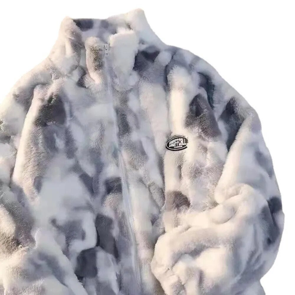 New Women's Tie Dye Lamb Fleece Jacket Autumn Winter Zipper Outerwear Warm Plus image 7