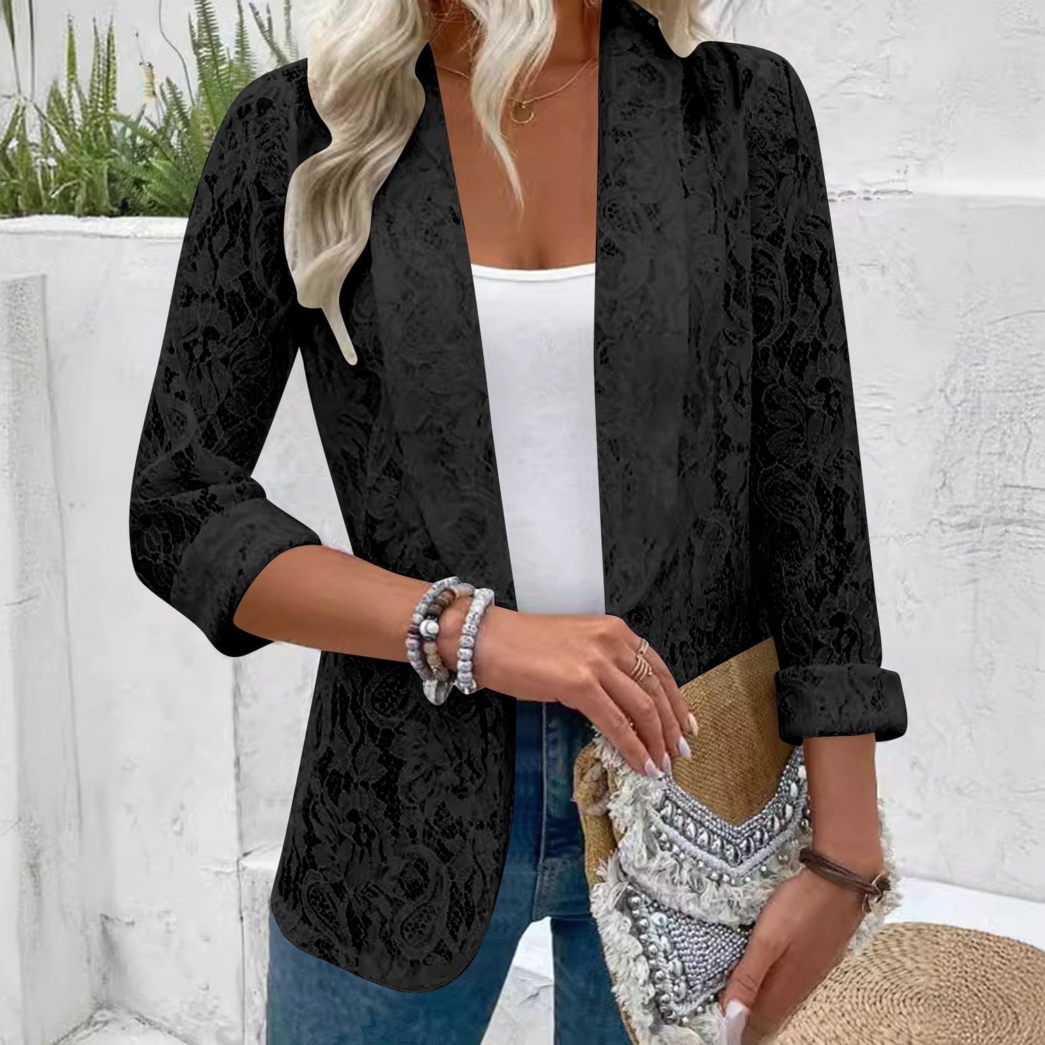 White Lace Hollow Out Women's Suit Coat Solid Open Stitch Blazers Outdoor Forma image 0