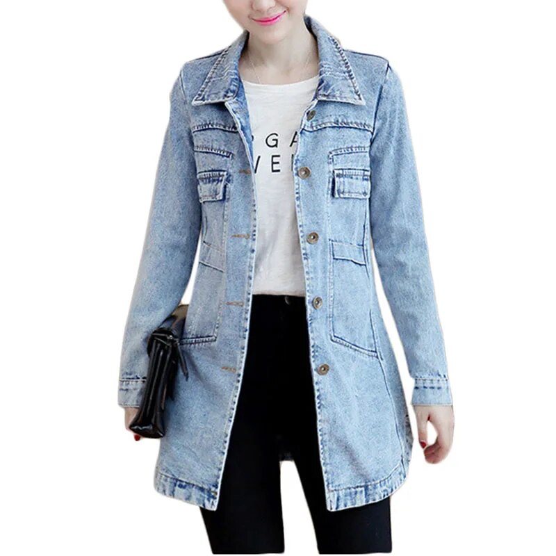 New Autumn Winter Korean Denim Jacket 5XL Women Slim Long Base Coat Women's Fra image 0