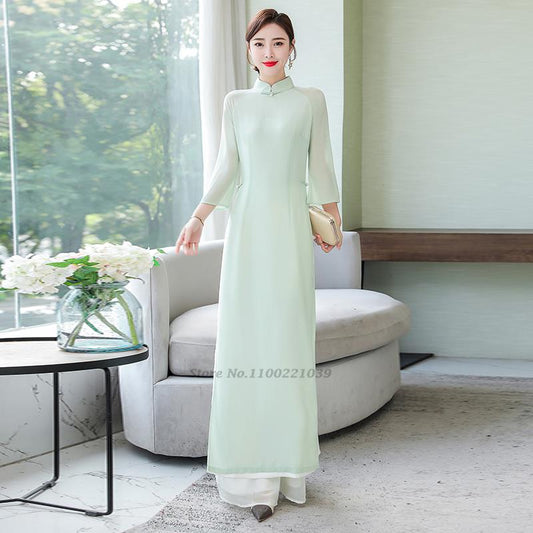 2024 vietnam aodai chinese traditional cheongsam dress+pants set national ao da image 0