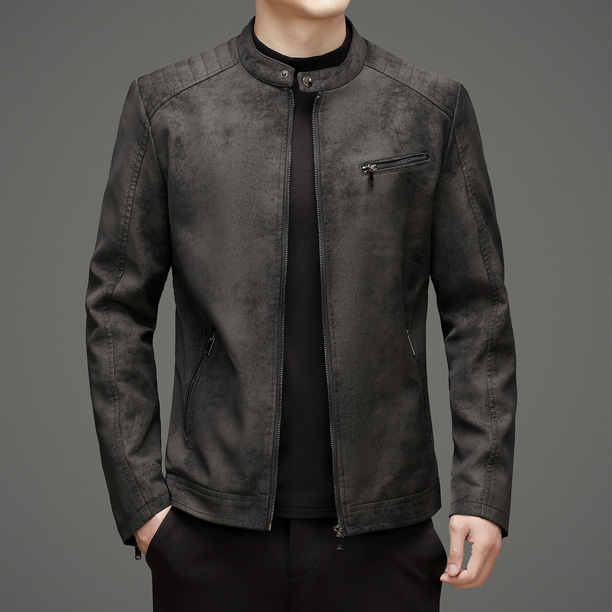 Winter Men's Leather Jacket Stand Up Collar Windproof Leather Jacket Men High Q image 3