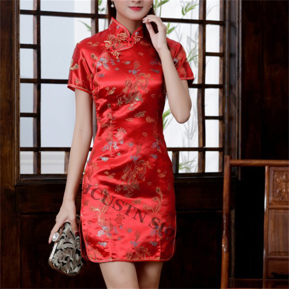 Short Cheongsams Sexy Girl Qiapo Improved Chinese Style Dress Gold Dragon Phoen image 5