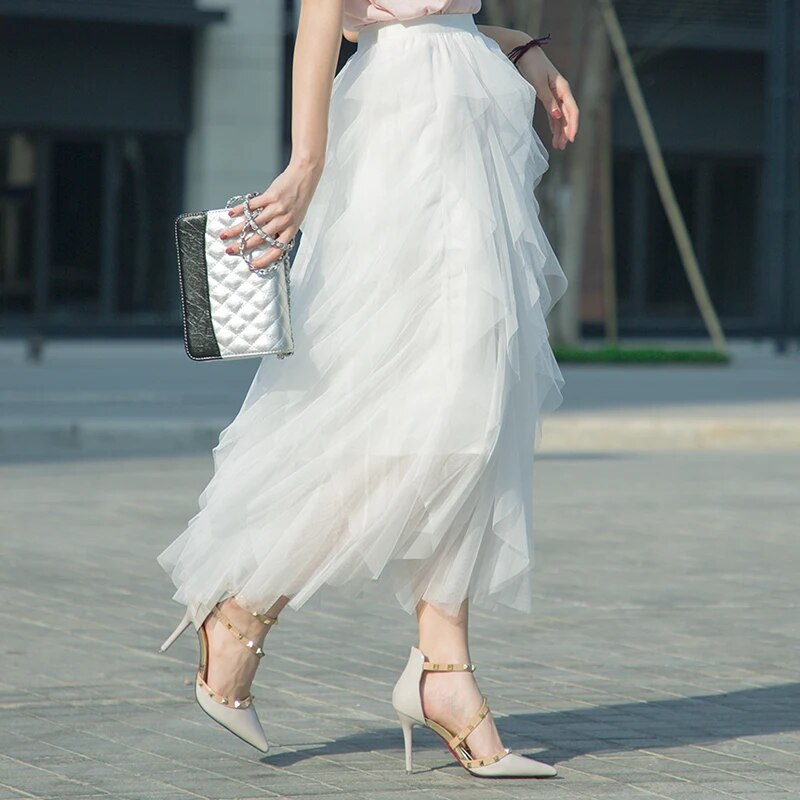 Tutu Tulle Long Maxi Skirt Women Fashion Korean Cute Pink High Waist Pleated Sk image 7