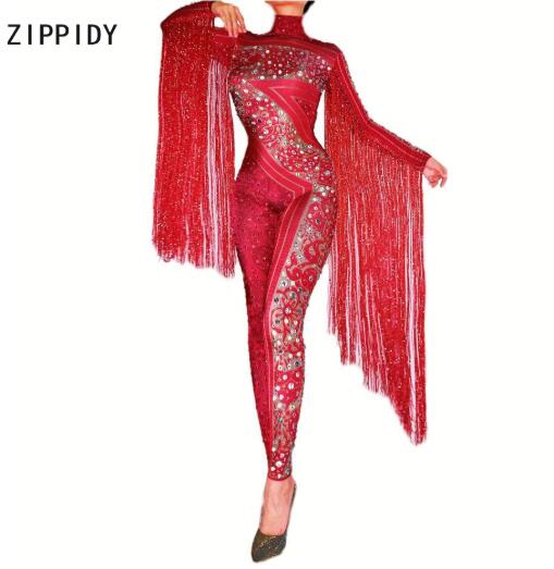Red Fringes Rhinestones Jumpsuit Stage Bodysuit Celebrate Dance Tassel Costume image 0
