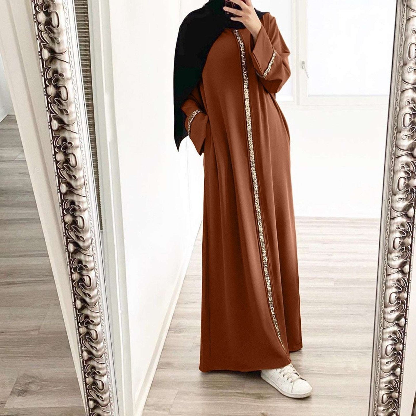 Muslim Robe Fashion Splicing Panelled Sequins Dress Solid Color Chiffon Dress F image 6