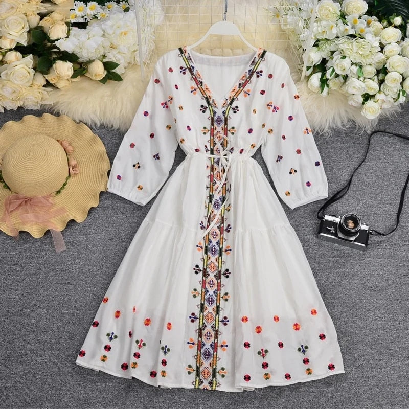 Vintage Cotton Embroidery Floral Casual Loose Lace Up Boho Beach Mini Dress Wom image 1