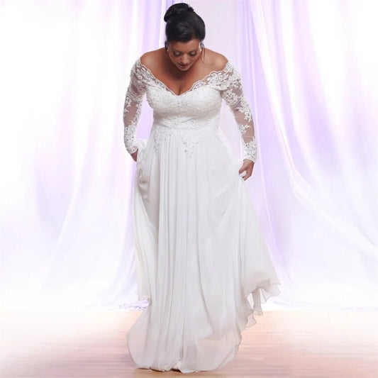 NUOXIFANG White/Ivory Long Sleeves Chiffon Wedding Dresses Plus Size Deep V-nec image 0