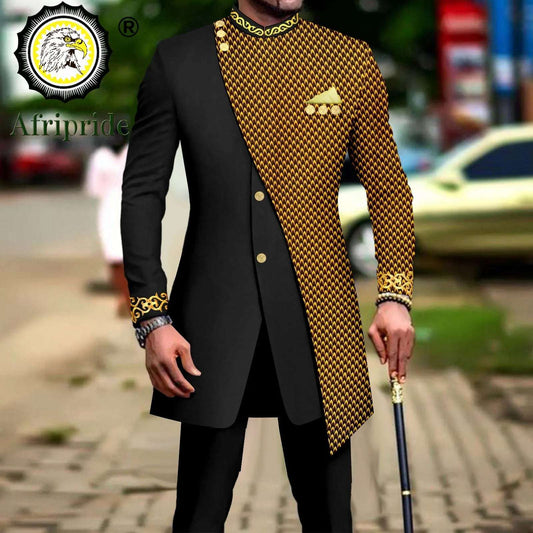 African Suits for Men Embroidery Print Blazer and Pants Set Business Dress Suit image 0