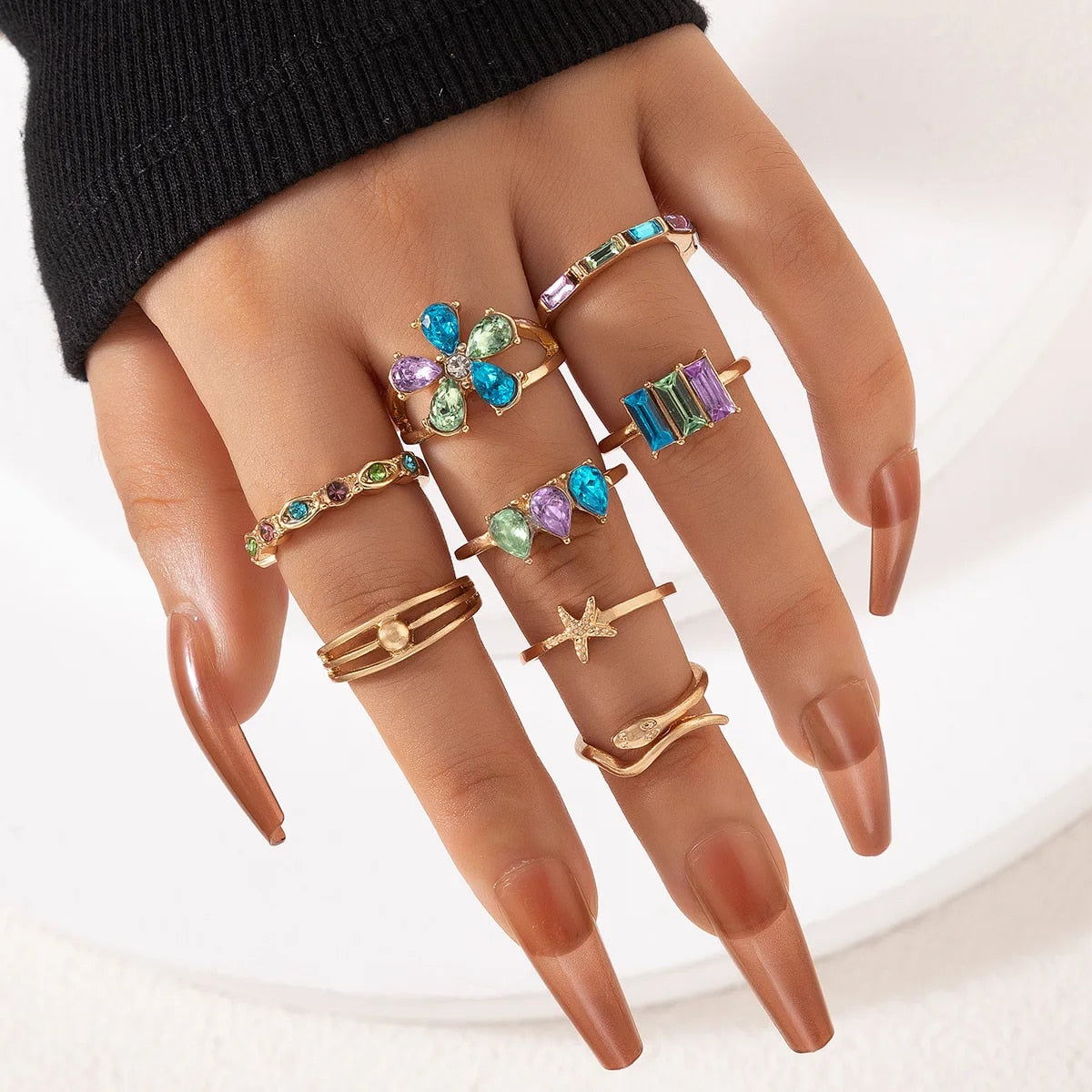 Colorful Crystal Snake Shape Ring Set For Women Fashion Butterfly Heart Gold Co image 8