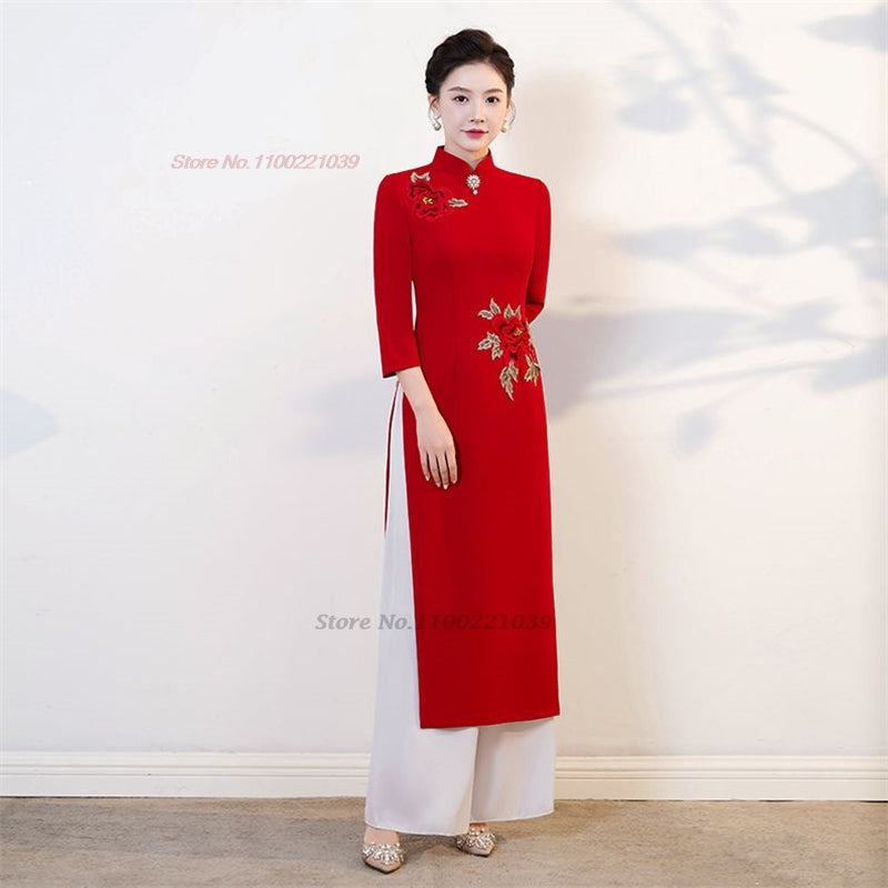 2024 vietnam vintage dress national flower embroidery oriental qipao dress+pant image 3