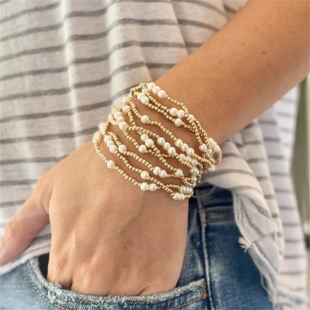 CCGOOD Pearl Bracelet Summer Stackable Jewelry 18 K Gold Plated Ball Beads Stra image 4