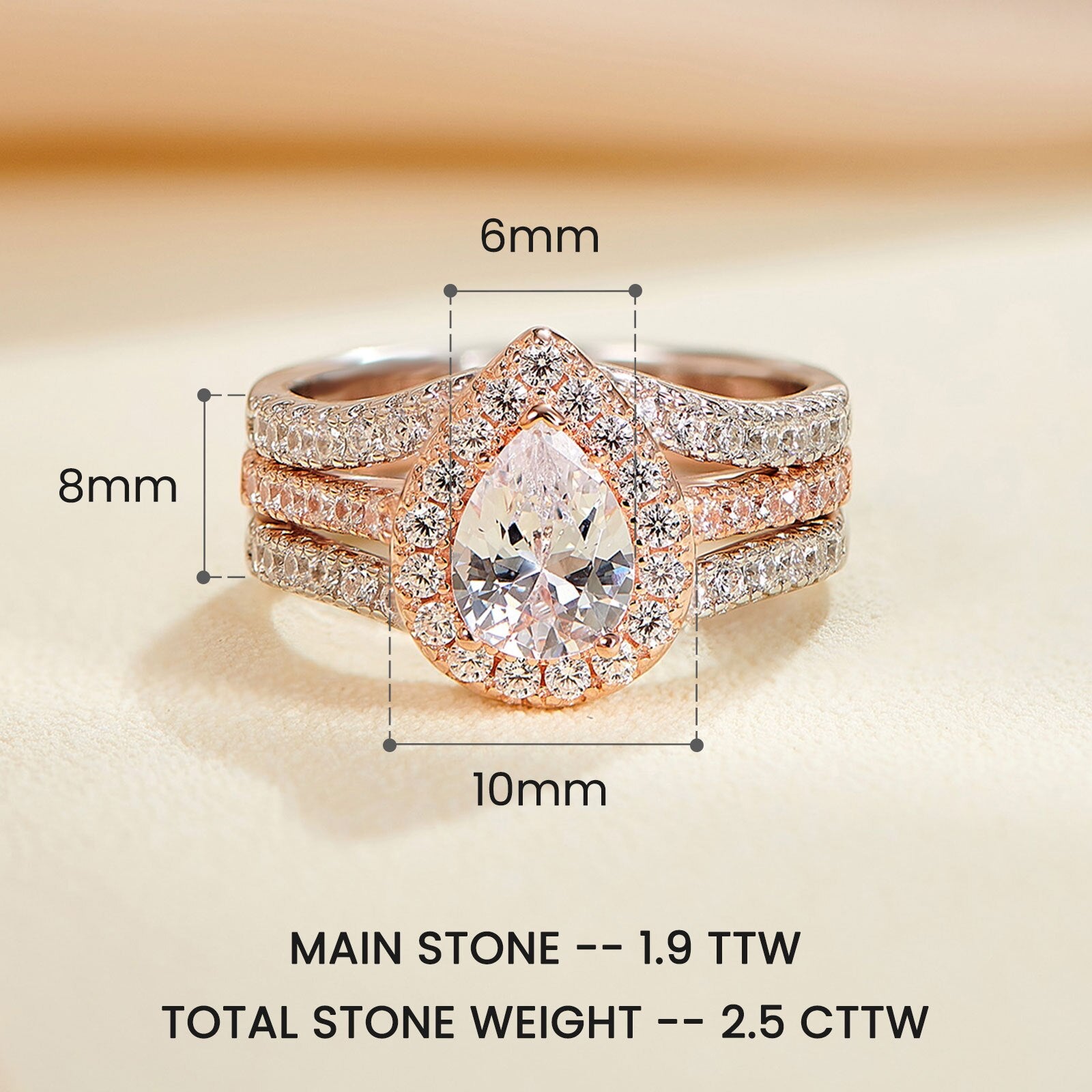 Newshe 2 Pieces Oval Pear Cut 925 Sterling Silver Rose Gold Engagement Ring image 4