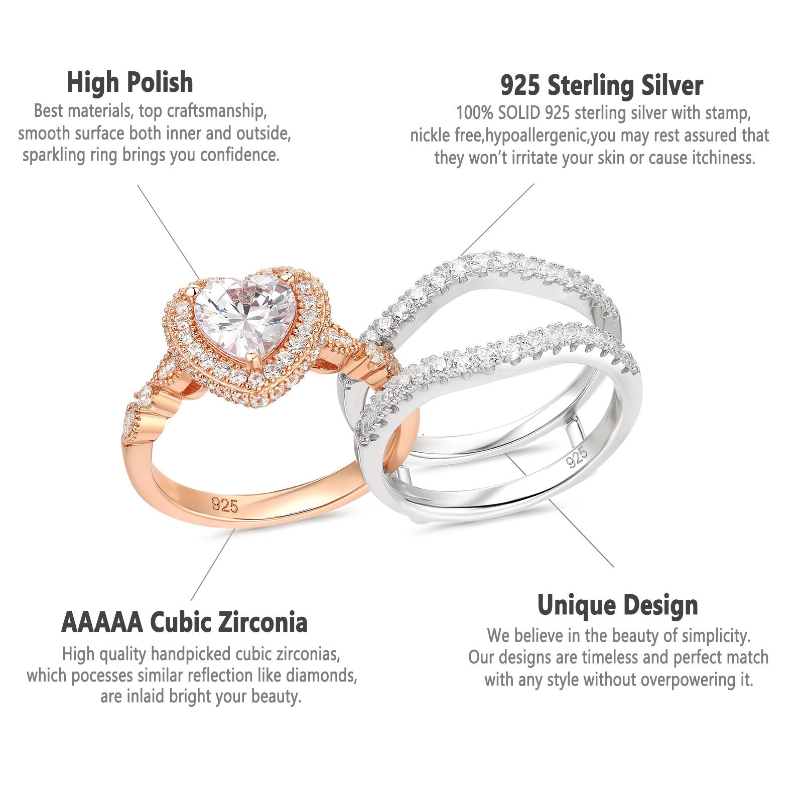 Newshe Multi Shape Romantic Rose Gold Engagement Ring Set for Women image 4
