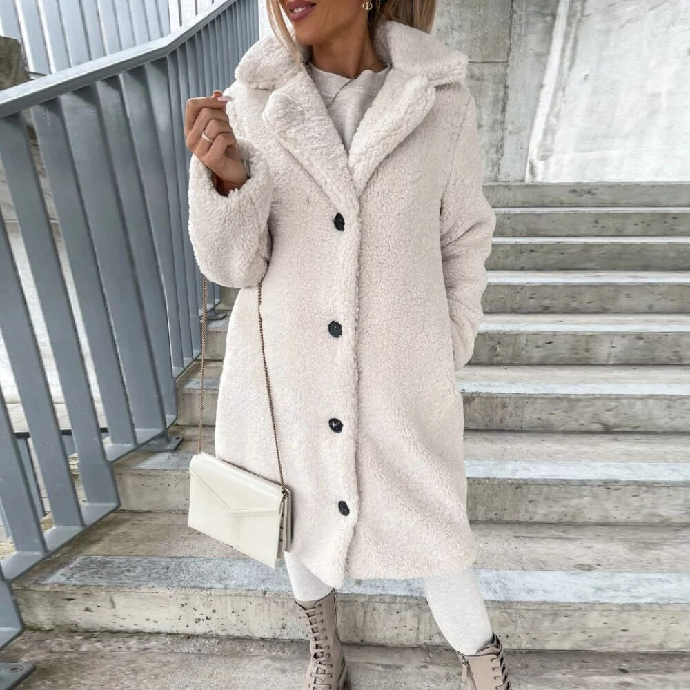 Fall/Winter New Flannel Coat Women Casual Solid Color Plush Lapel Long Sleeve J image 4