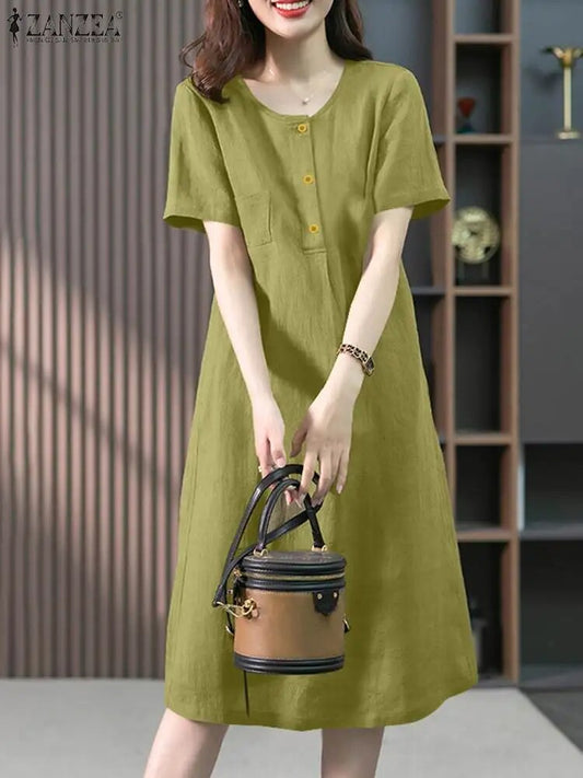 ZANZEA Women Solid Dress 2024 Summer Short Sleeve Long Robe Holiday Casual Loos image 0