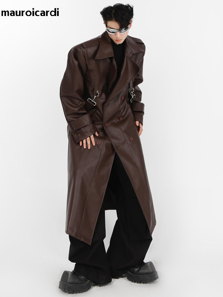Mauroicardi Spring Autumn Oversized Cool Long Black Brown Pu Leather Trench Coa image 0