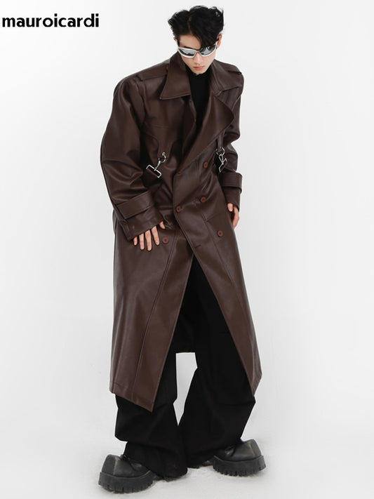 Mauroicardi Spring Autumn Oversized Cool Long Black Brown Pu Leather Trench Coa image 0