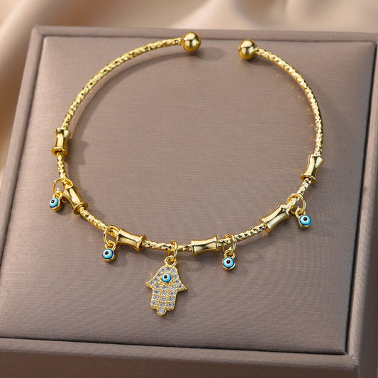 Zircon Fatima Hand Evil Eye Bracelet For Women Vintage Stainless Steel Gold image 0