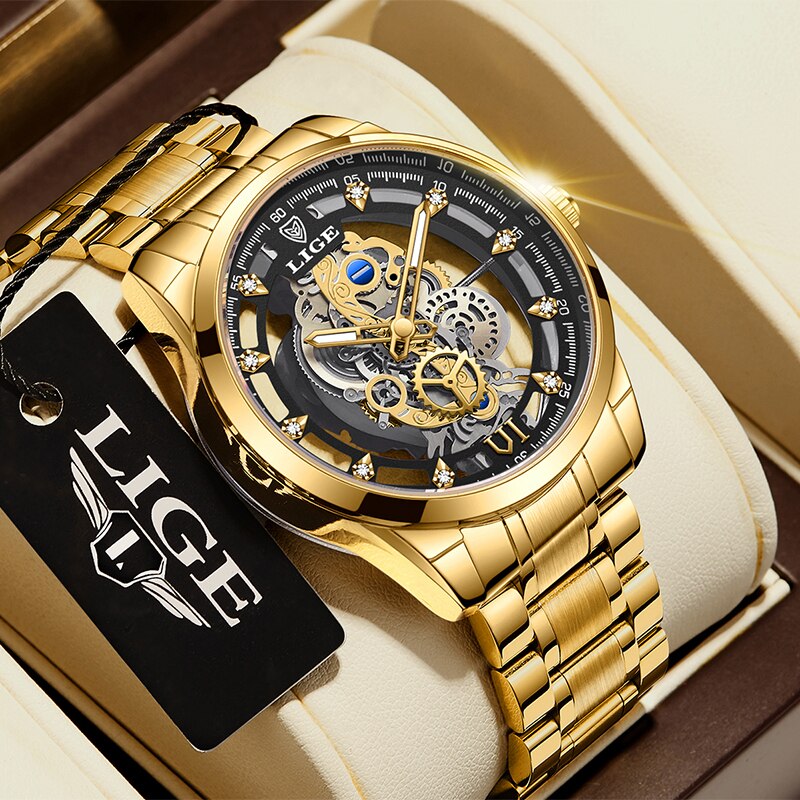 New Men Watch Skeleton Quartz Wristwatch Gold Skeleton Retro Man Watch Top Bran image 5
