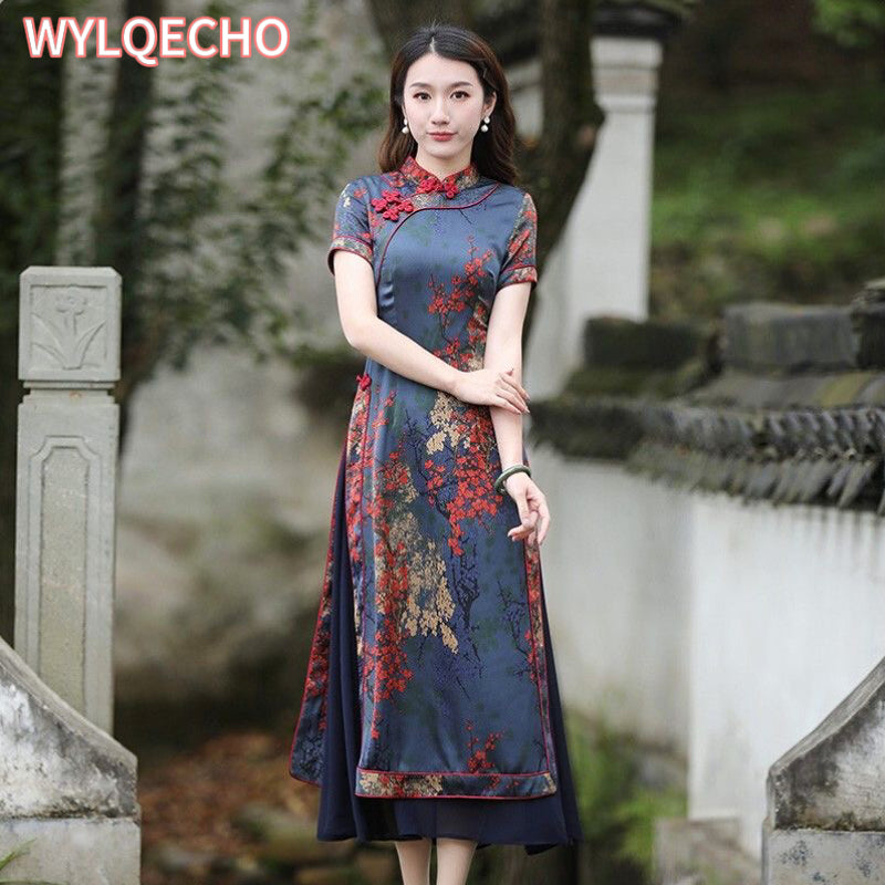 Vintage Vietnam Traditional Ao Dai Flower Print Chiffon Long Cheongsam Chinese  image 2