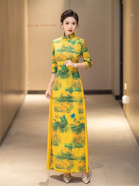 2024 chinese improved qipao dress vintage flower print cheongsam vietnam ao dai image 0