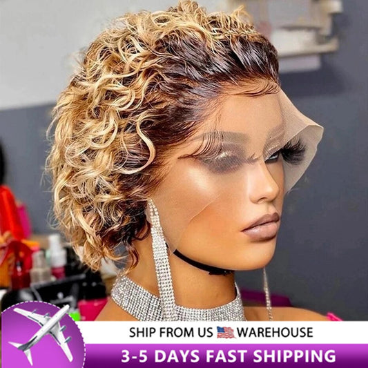 Short Pixie Cut Wig Human Hair Brazilian Remy 13*1 Transparent Lace For Black W image 0