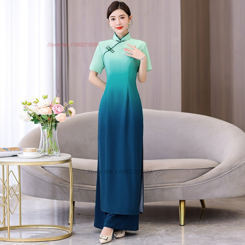 2024 vietnam aodai dress cheongsam national gradient color dress+pants set impr image 3