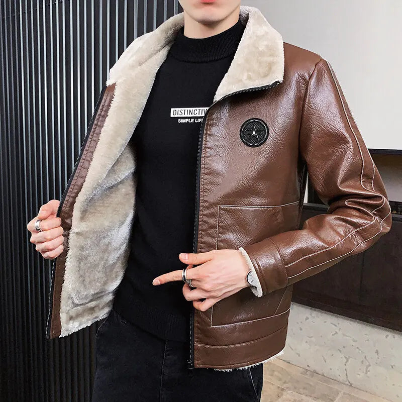 Winter Bomber Jackets Leather and Fur collar Jackets And Coats male New Fashion image 2