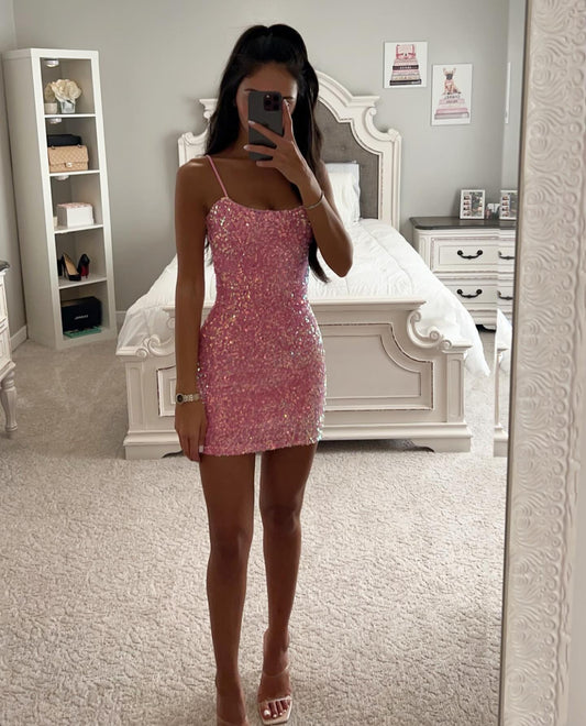 Pink Sparkly Sequin Homecoming Dresses Short for Girls 2025 Sheath Spaghetti St image 0