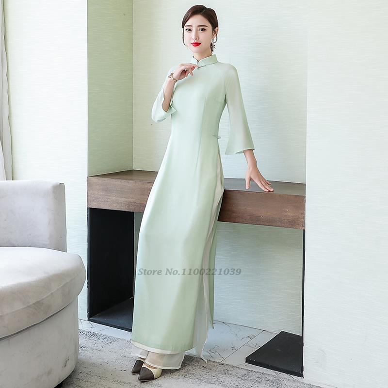 2024 vietnam aodai chinese traditional cheongsam dress+pants set national ao da image 3