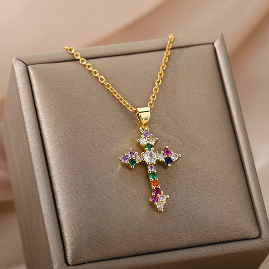 Zircon Cross Necklaces For Women Gold Color Stainless Steel Neck Chain Female image 0