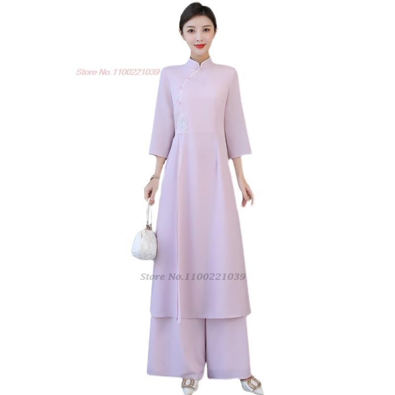 2024 traditional vietnam ao dai vintage dress+pants set national flower embroid image 6