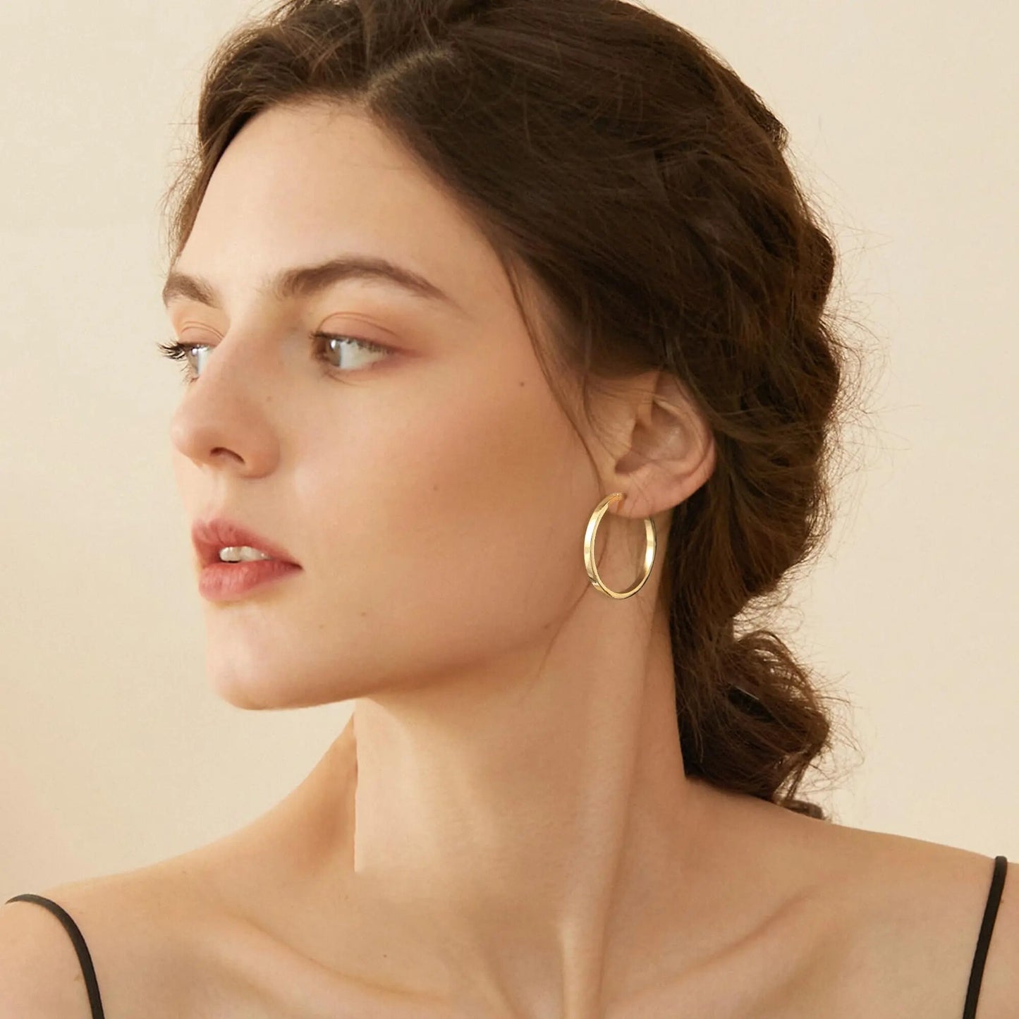 Vonmoos Lady High Quality Flatted Gold Hoop Earrings 14K Real Gold Plated Desig image 9
