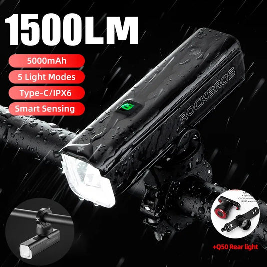 ROCKBROS Bike Light 1500LM5000mAh Type-C Bicycle Light Temperature Control  IPX image 0