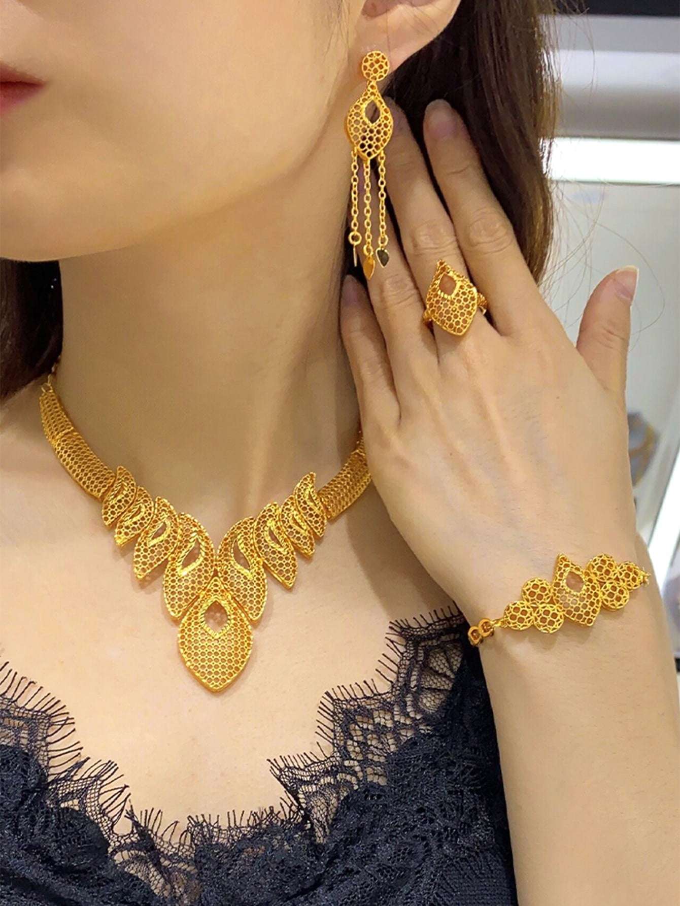 Dubai Big Copper Gold Color Jewelry Set For Women African Wedding Necklaces Eth image 1