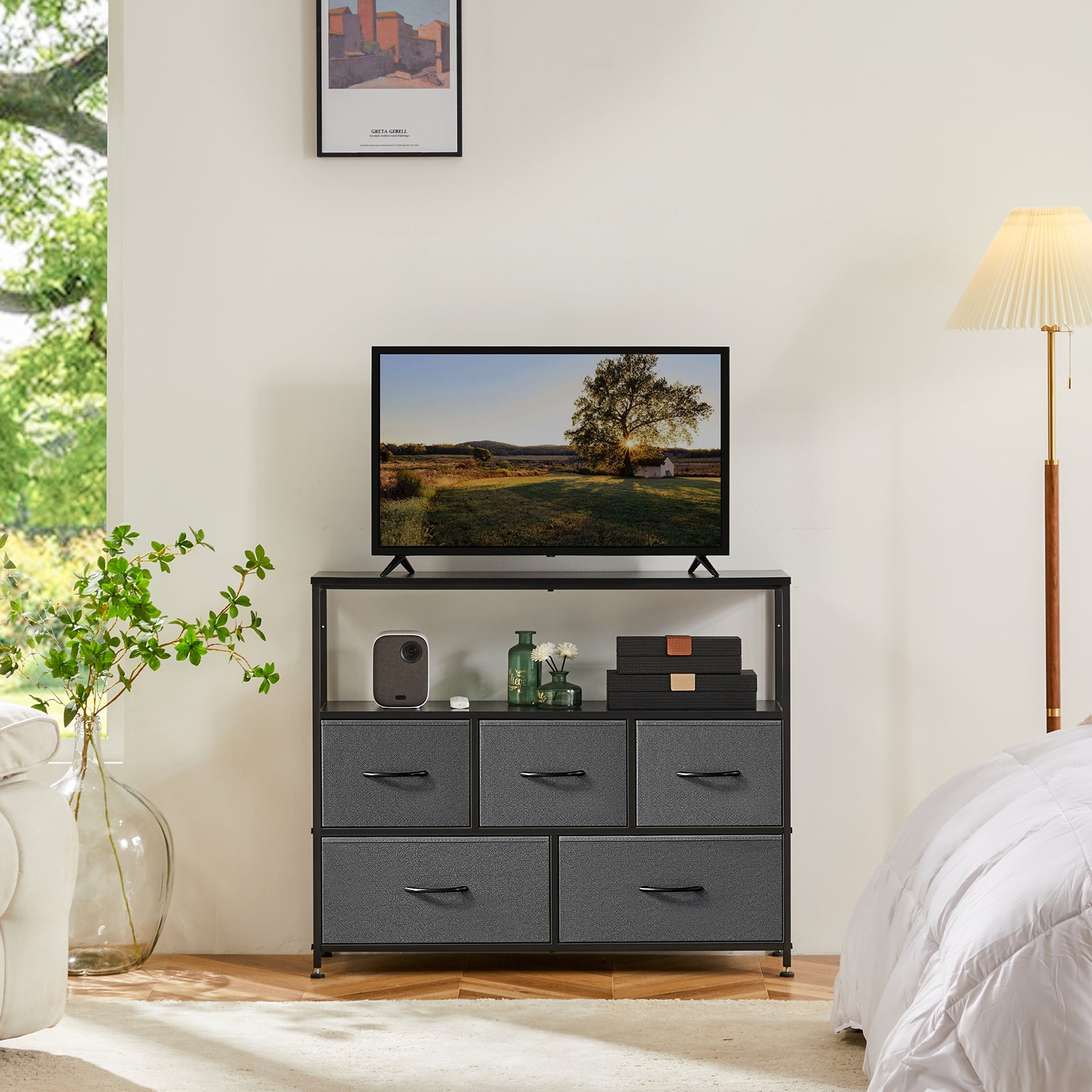 JHK TV Stand Dresser For Bedroom With 5 Fabric Drawers Storage Closet Chest Clo image 2