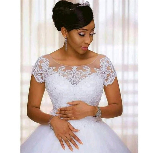 Vintage Lace Appliques African Beading Wedding Dresses Short Sleeves Vestido De image 0