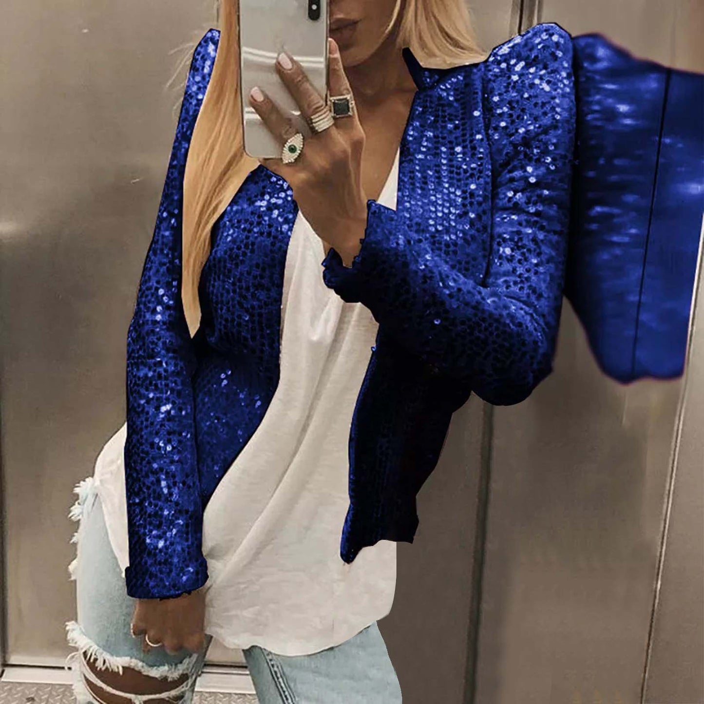 2024 Women's Sequin Casual Cropped Jacket Fashion Long Sleeve Solid Color Blaze image 1