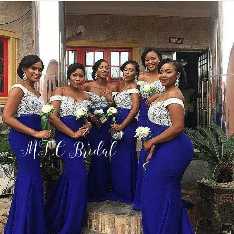 Wholesale African Bridesmaid Dresses 2019 Mermaid Royal Blue Elastic Satin Whit image 2