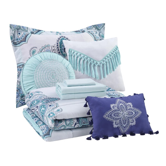 Mainstays Teal Medallion 10 Piece Bed in a Bag Comforter Bedding Set with Sheets image 0
