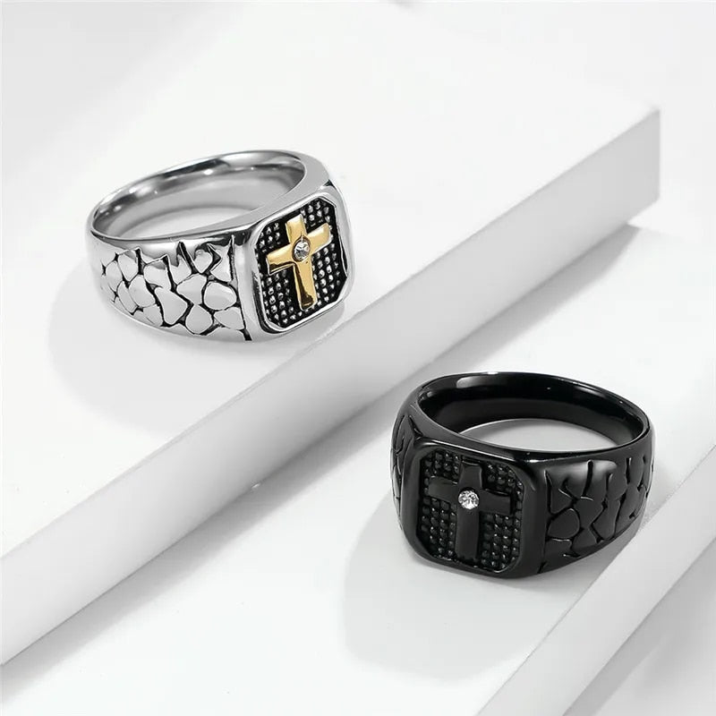 Punk Black Gold Color Cross Ring Men Titanium steel Crack Warrior Men's Jewelry image 7